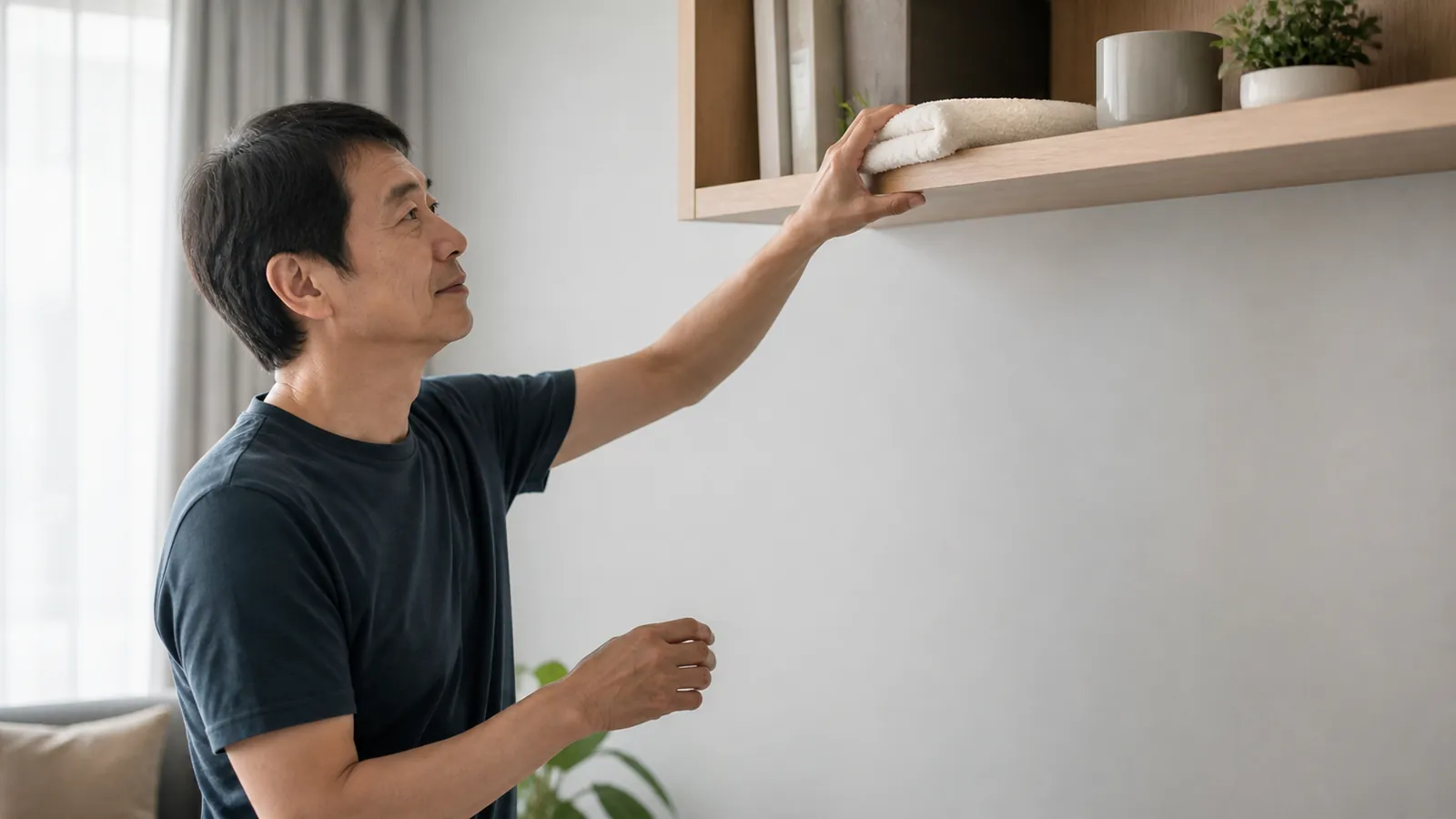 東亞男性在家中伸手放置日常物品