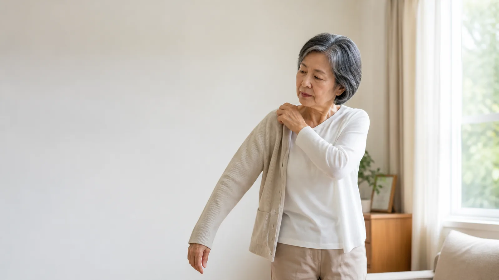 東亞年長女性在家中穿上外套時留意肩部