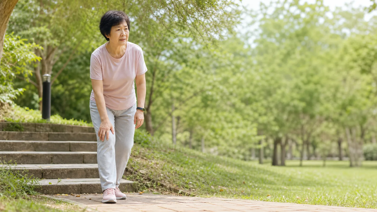 東亞年長女性在公園步道旁留意膝部狀況
