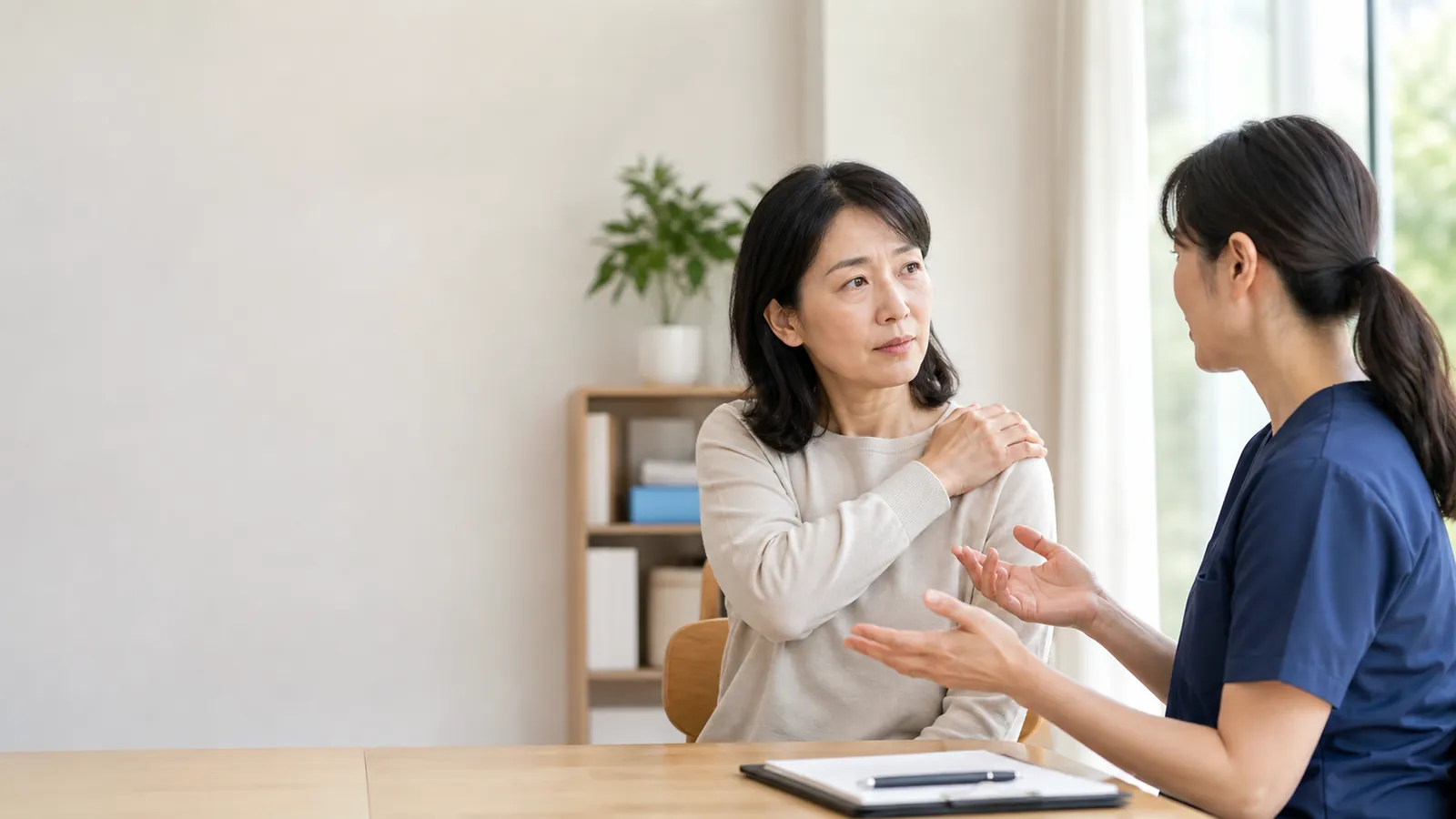 東亞女性與專業人員討論肩部狀況