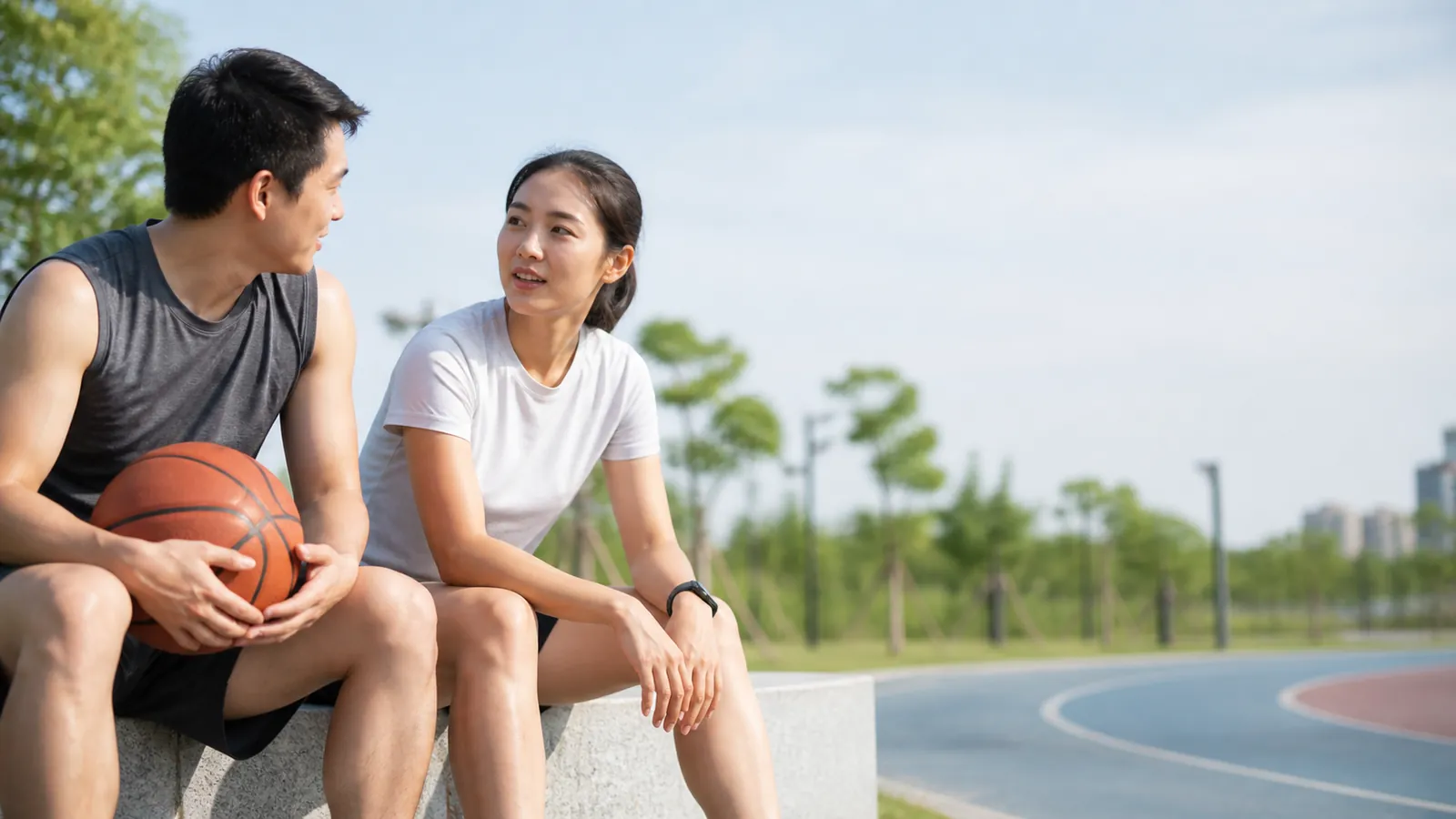 東亞男女運動後在球場旁交談