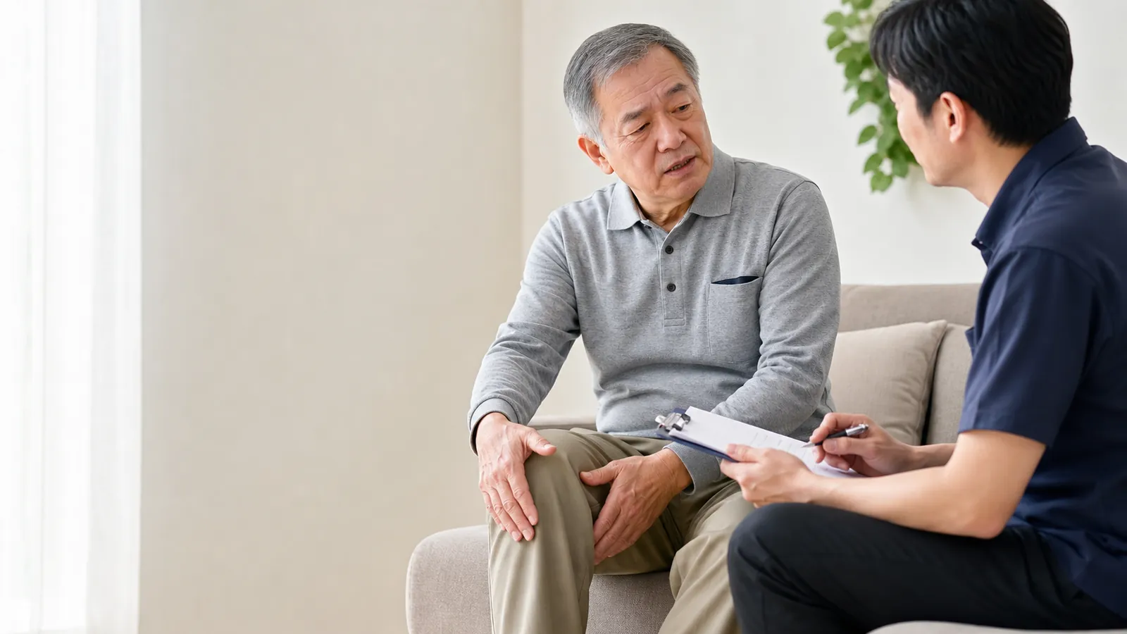 東亞年長男性與專業人員討論膝部狀況