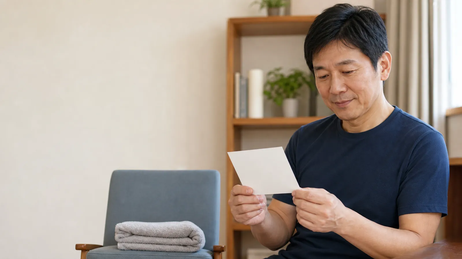 東亞男性在家中閱讀日常活動卡