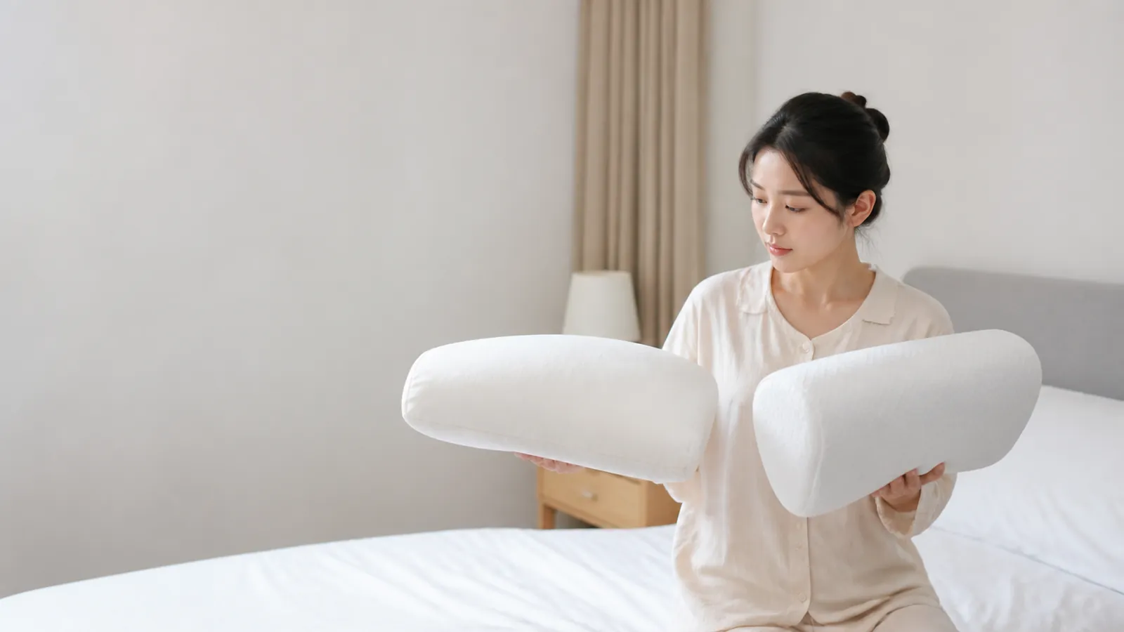 東亞女性在家中比較兩個不同枕頭