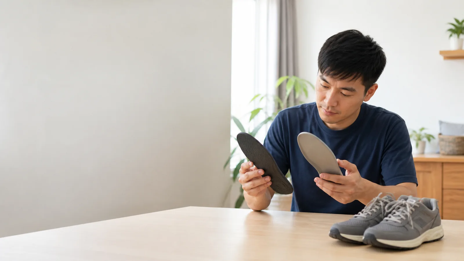 東亞男性在家中比較兩種日常鞋墊