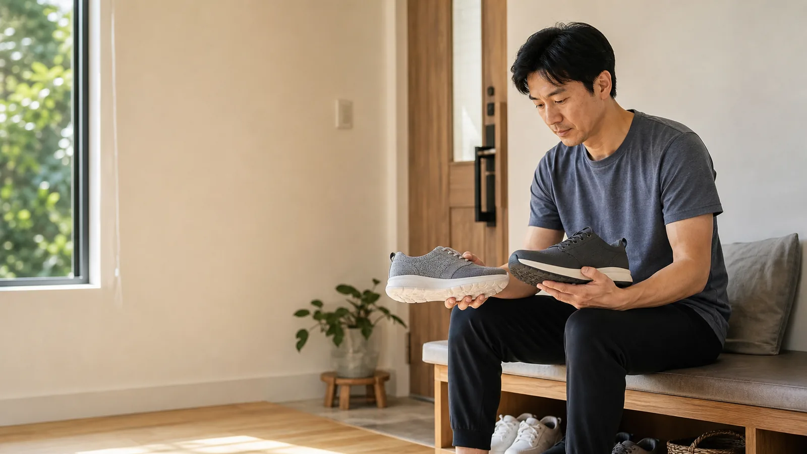 東亞男性在家中玄關比較不同日常鞋款