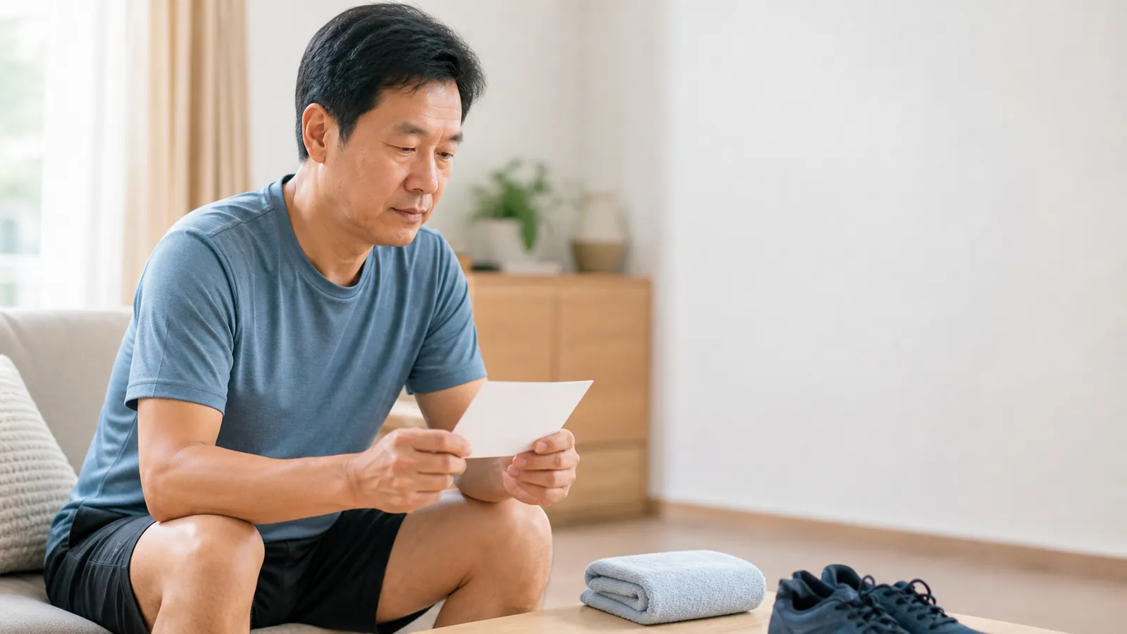 東亞男性在家中閱讀活動卡，桌上放有毛巾與鞋子