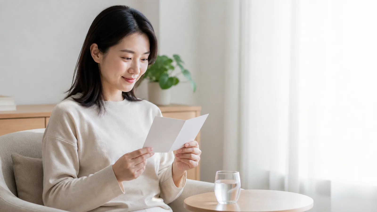 東亞女性在家中閱讀日常照護卡