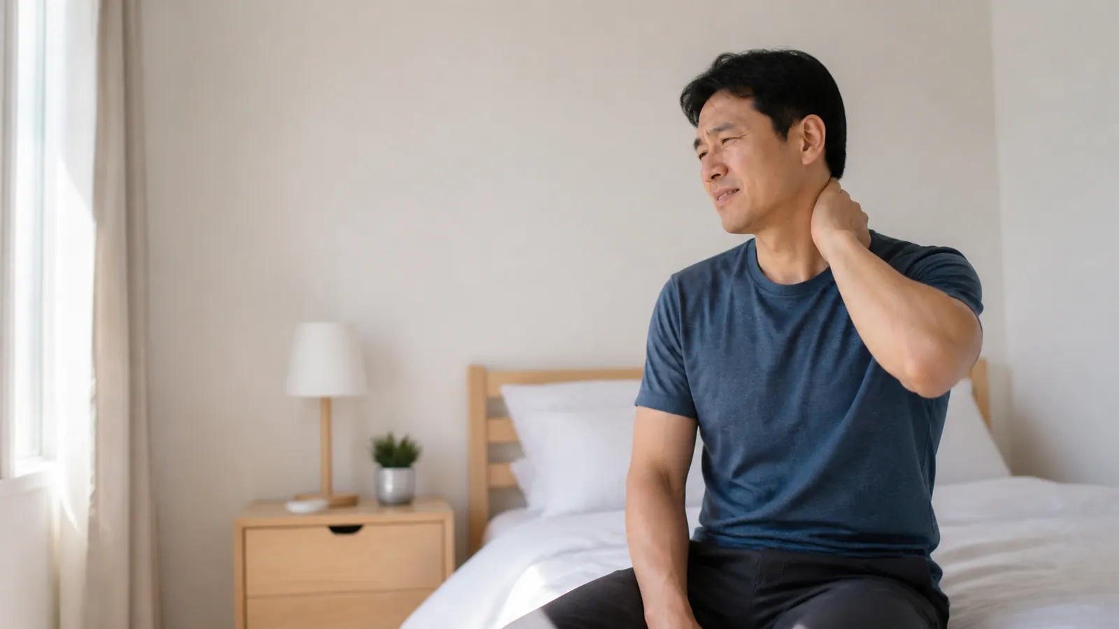 東亞男性起床後輕觸頸部