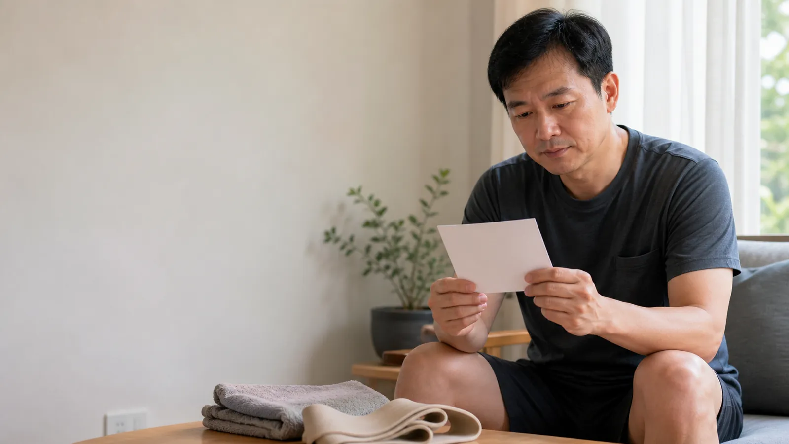 東亞男性在家中閱讀活動卡，桌上放有毛巾與彈力帶
